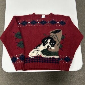 Woolrich Puppy Dog wool Sweater Womens large Red Argyle Intarsia wool B3